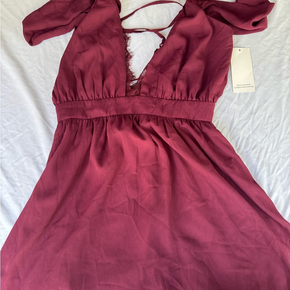 Tobi Burgundy V-Neck Lace-Trim Mini Dress